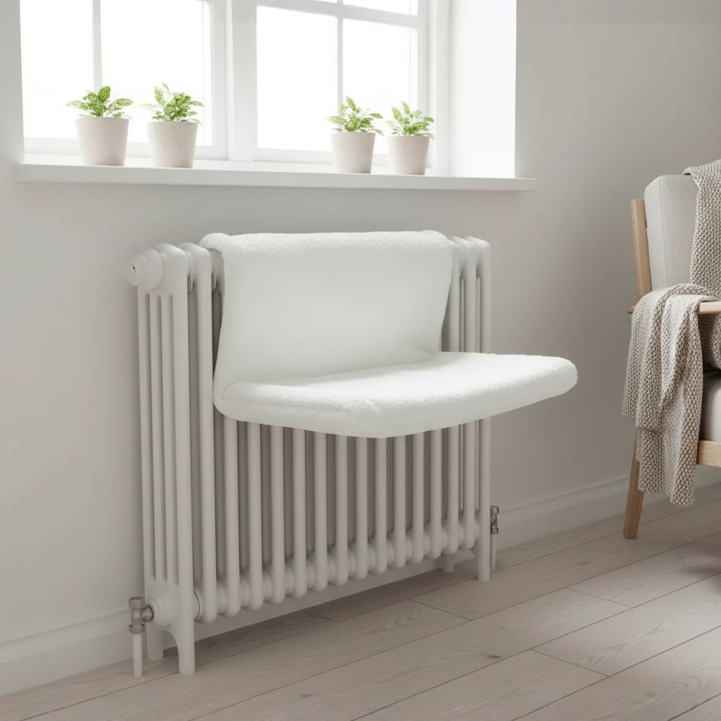 Witte radiator hangmat die over de radiator hangt met kat