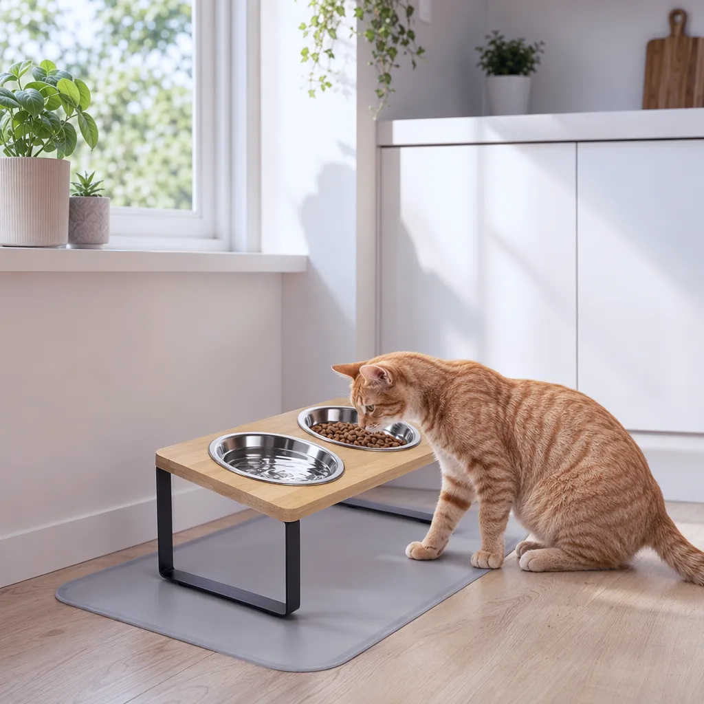 Kat eet uit verhoogde voerbak in de keuken