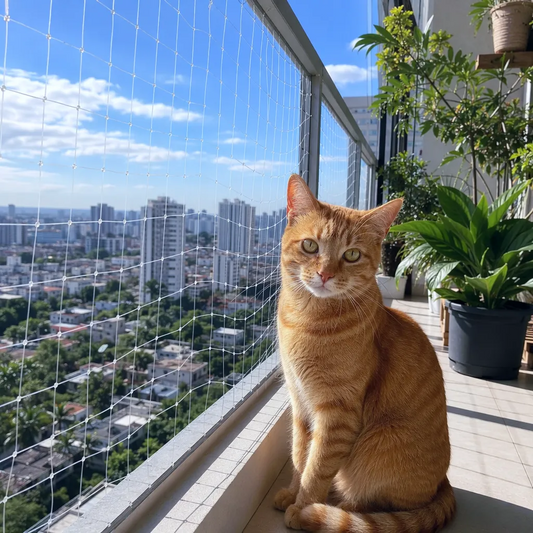 Kat kijkt over de skyline vanaf een balkon met een kattennet