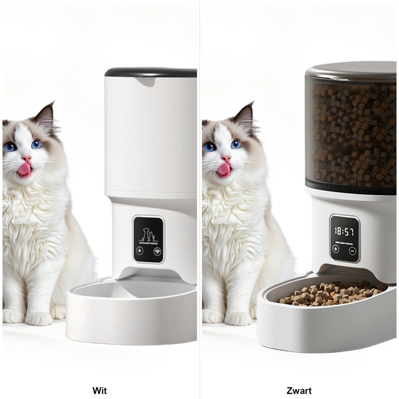 Automatische voerautomaat voor katten verkrijgbaar in wit en zwart