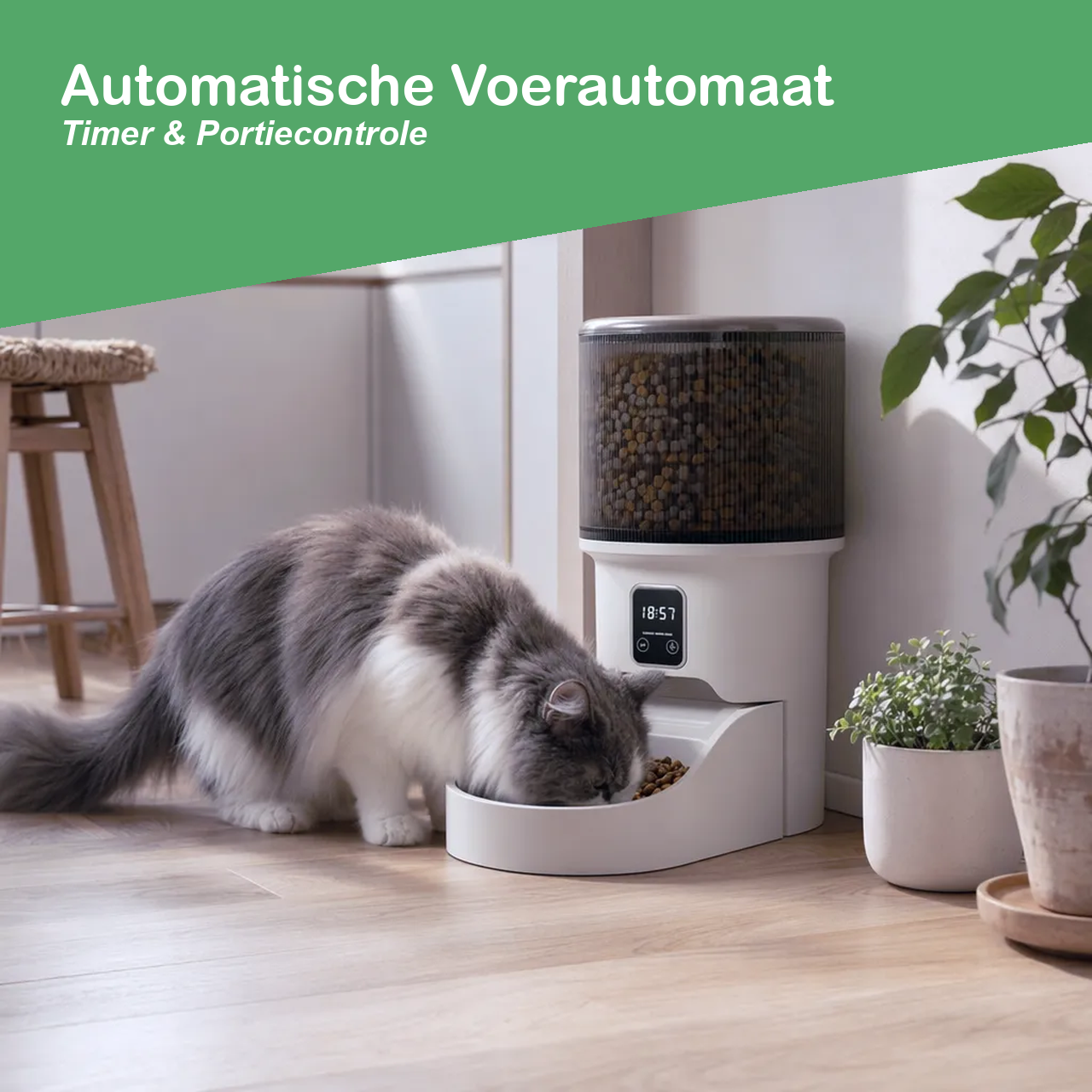 Automatische voerautomaat voor katten met programmeerbare timer en portiecontrole