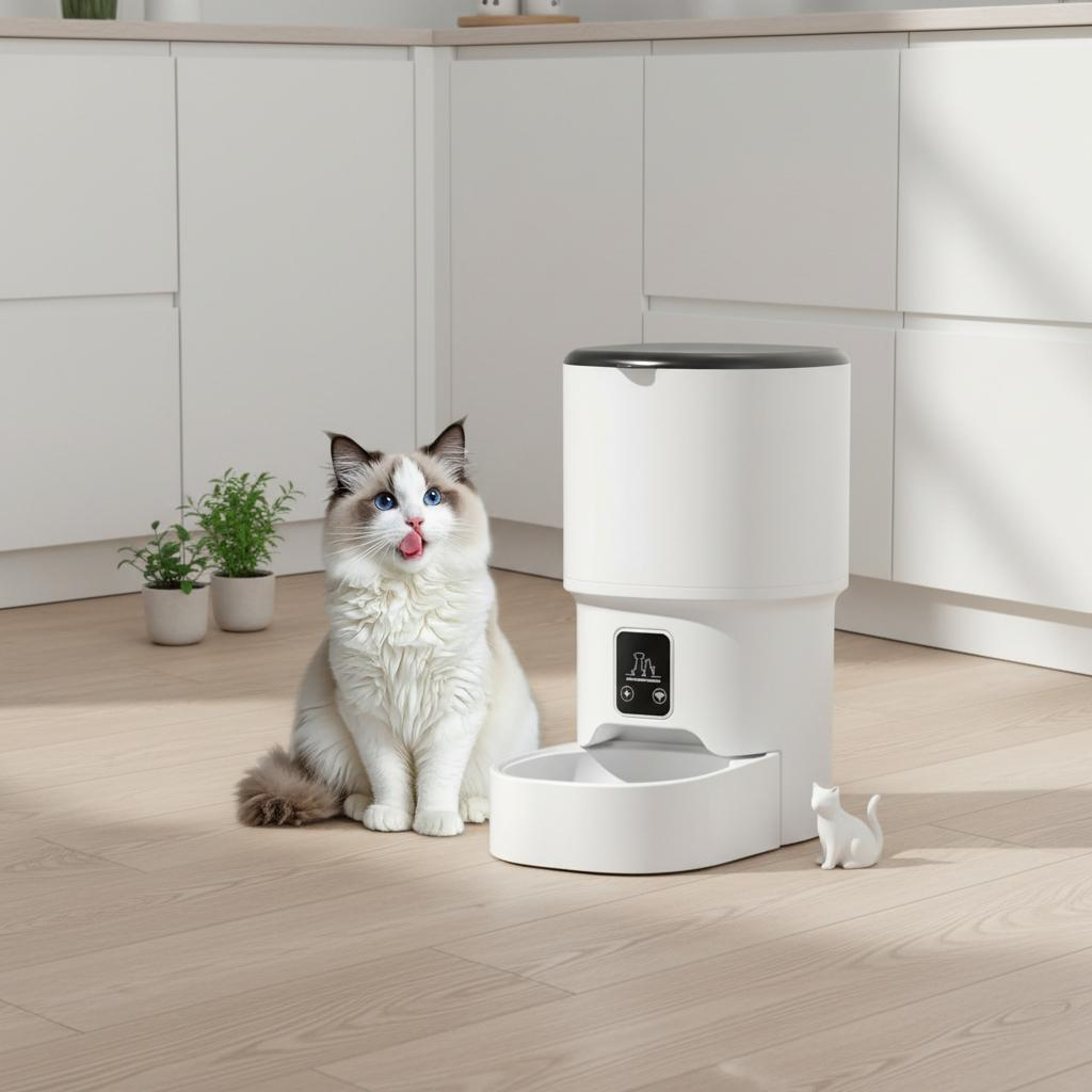 Automatische voerautomaat voor katten in het wit, sfeerbeeld in de keuken