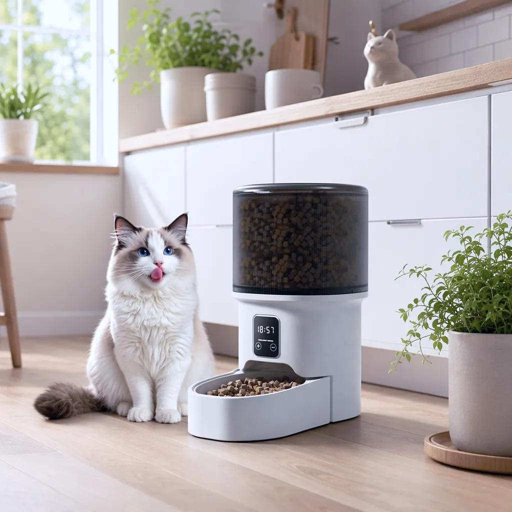 Automatische voerautomaat voor katten in het zwart, sfeerbeeld in de keuken
