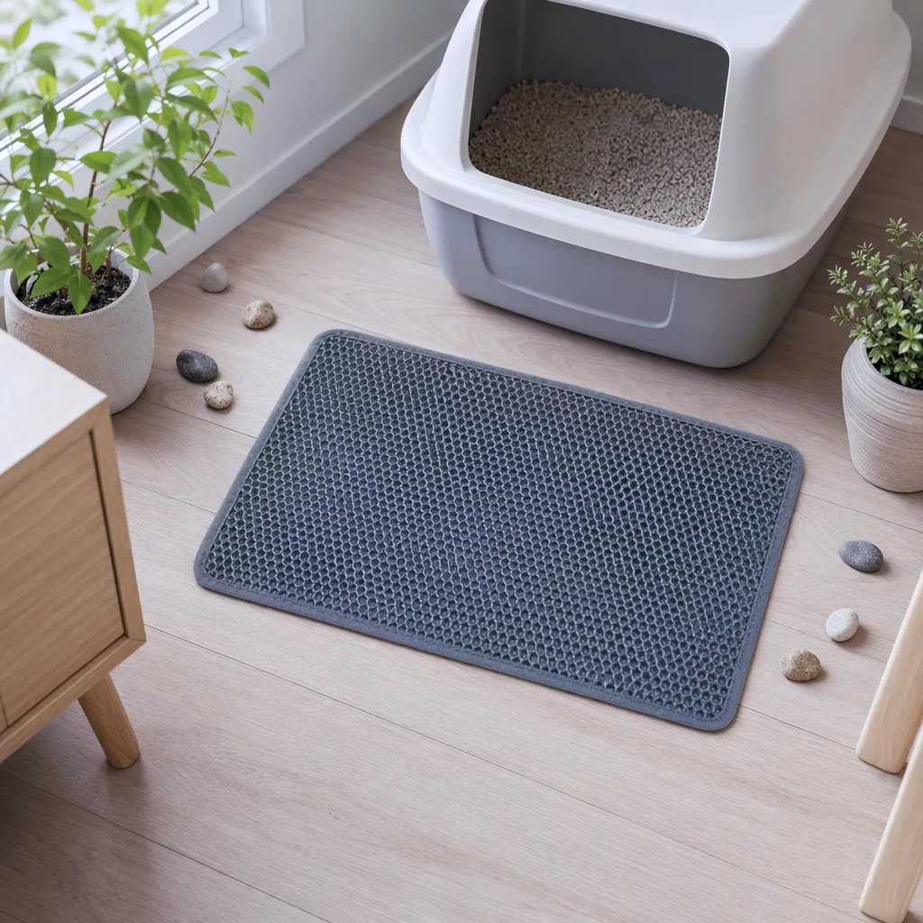 Dubbellaagse kattenbakmat, sfeerbeeld in grijs voor de kattenbak