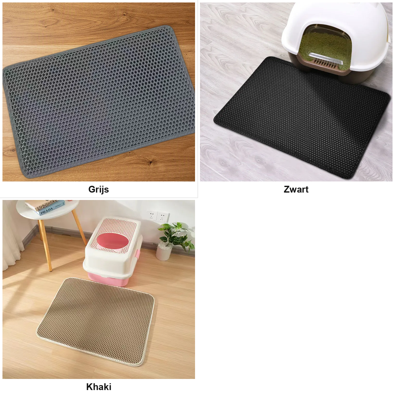 Dubbellaagse kattenbakmat verkrijgbaar in grijs, zwart en khaki