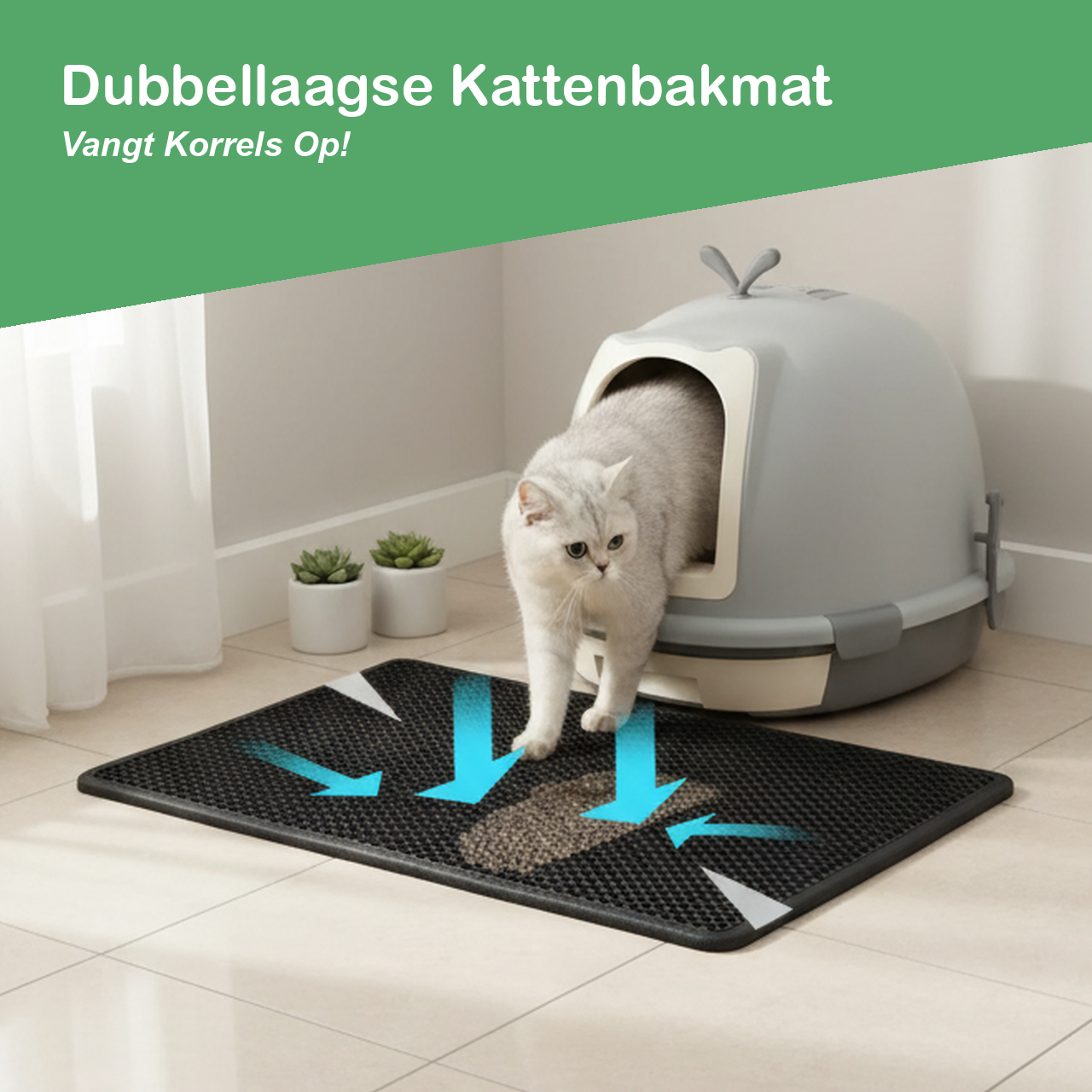 Dubbellaagse kattenbakmat die gemorste kattenbakkorrels opvangt