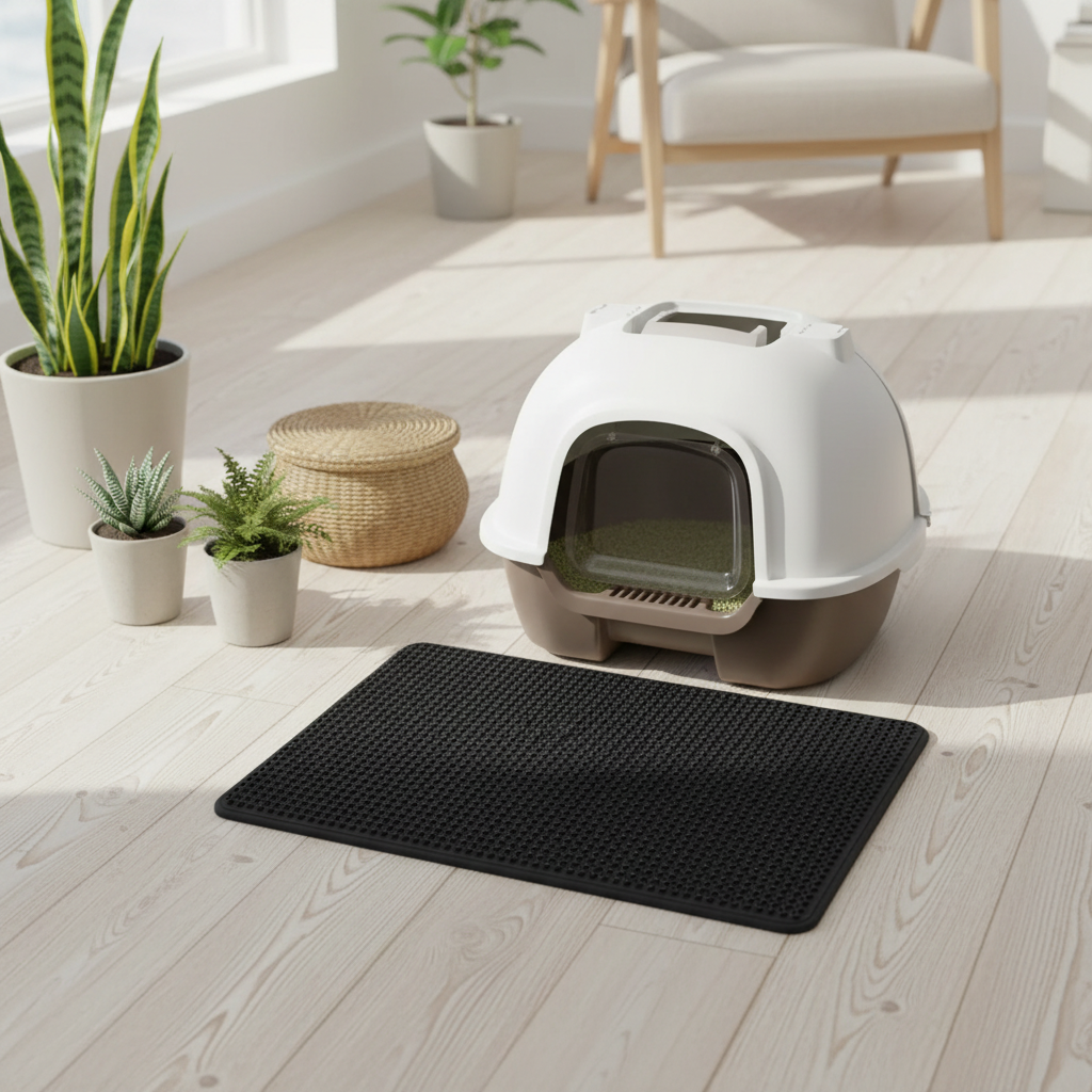 Dubbellaagse kattenbakmat, sfeerbeeld in zwart voor de kattenbak