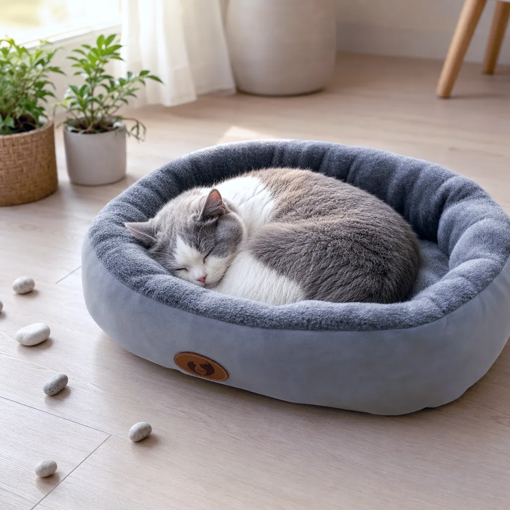 Pluche kattenmand in grijs met kat