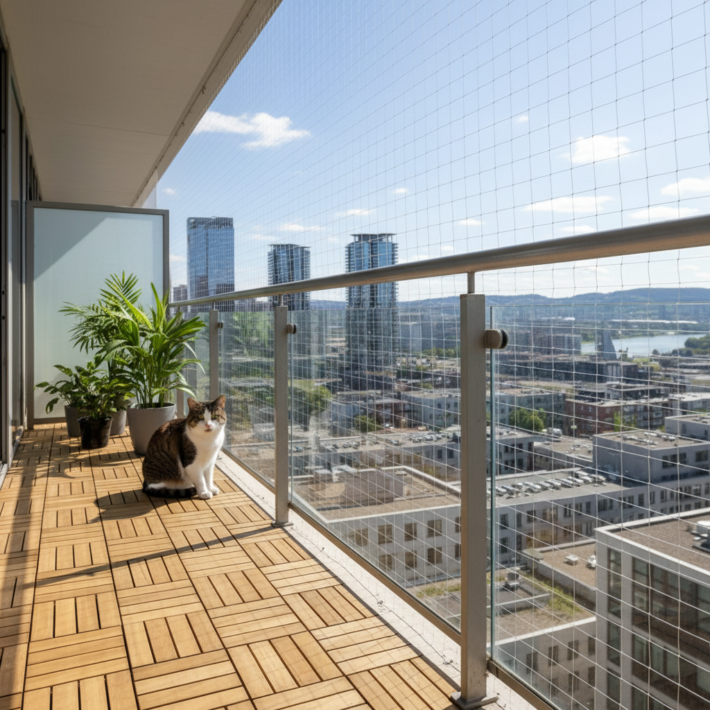 Kattennet op een balkon met terras en vrij uitzicht