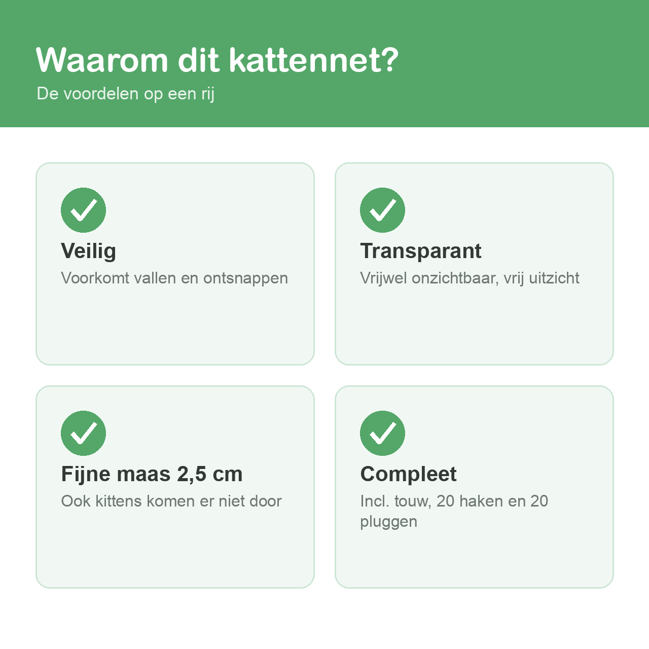 Voordelen kattennet balkon: veilig, transparant, fijne maas 2,5 cm, compleet