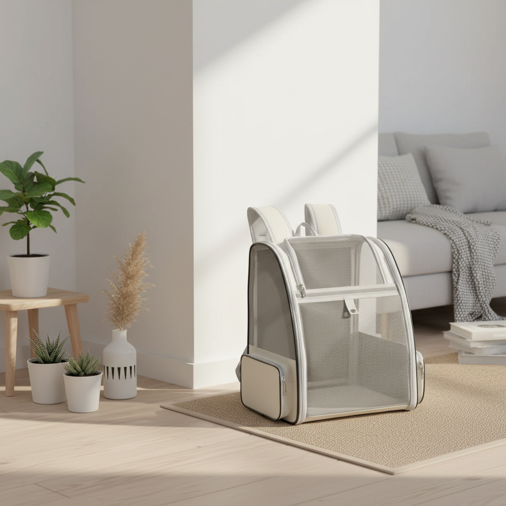Kattenrugzak met mesh venster, sfeerbeeld in beige