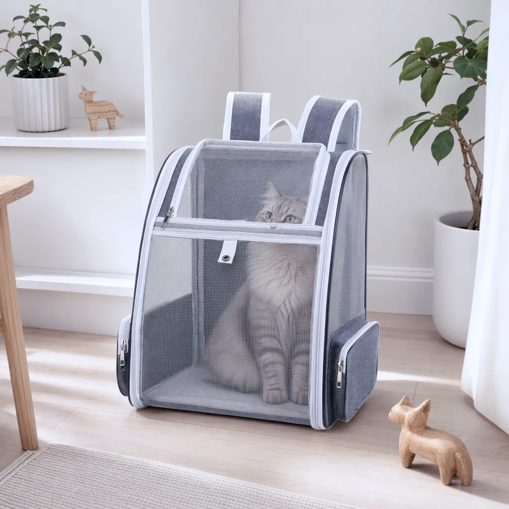 Kattenrugzak met mesh venster, sfeerbeeld in grijs