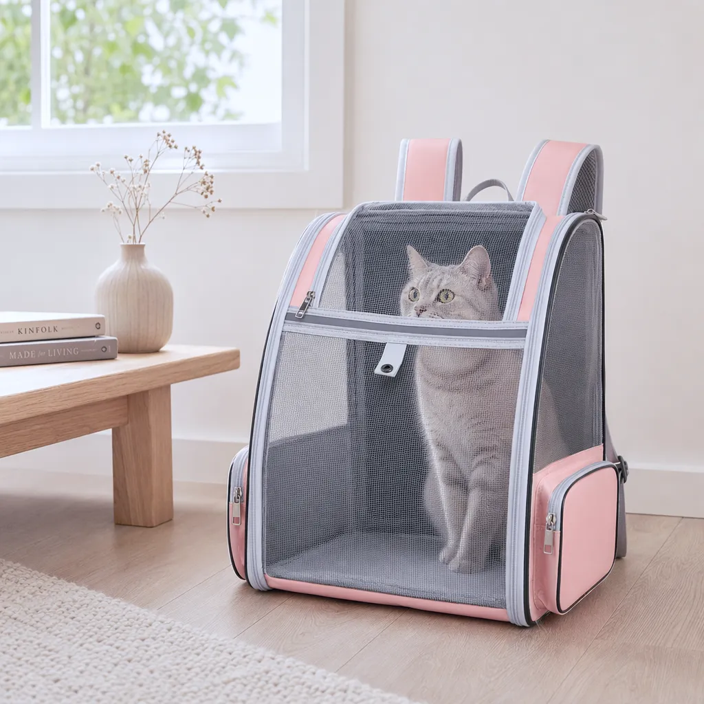 Kattenrugzak met mesh venster, sfeerbeeld in roze