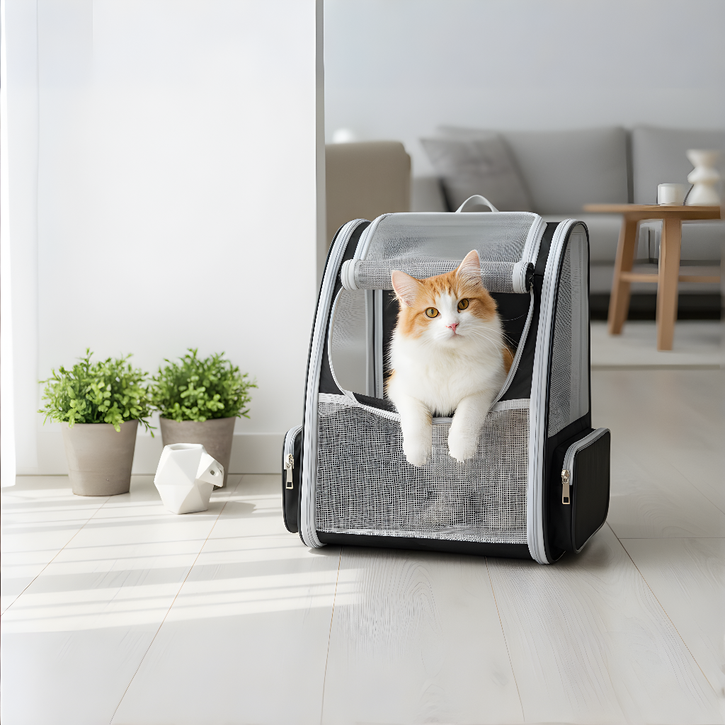Kattenrugzak met mesh venster, sfeerbeeld in zwart