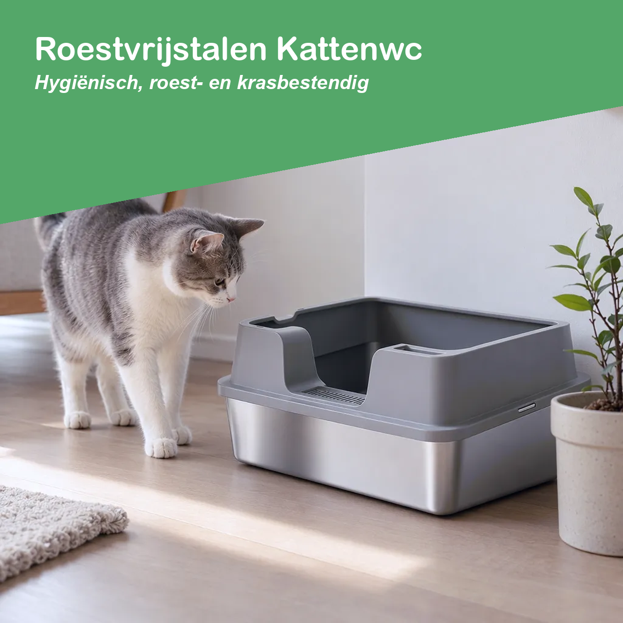 Roestvrijstalen kattenwc met hoge rand, kat loopt ernaartoe in een lichte kamer