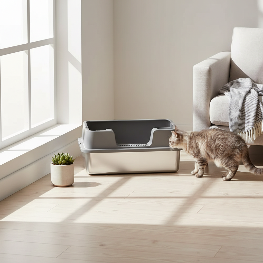 Roestvrijstalen kattenwc bij het raam met een kat