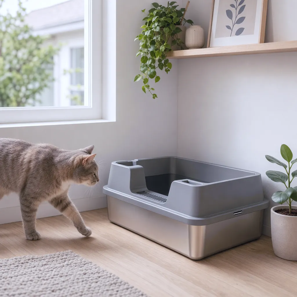 Roestvrijstalen kattenwc in een lichte woonkamerhoek met een kat