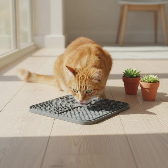 Video van kat die de likmat gebruikt