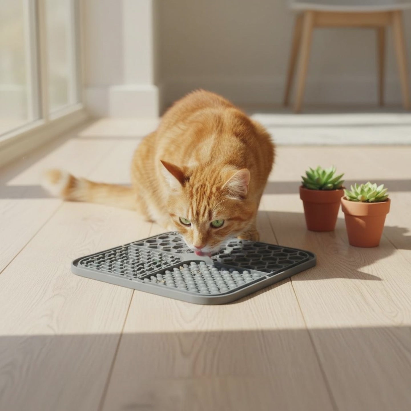 Video van kat die de likmat gebruikt