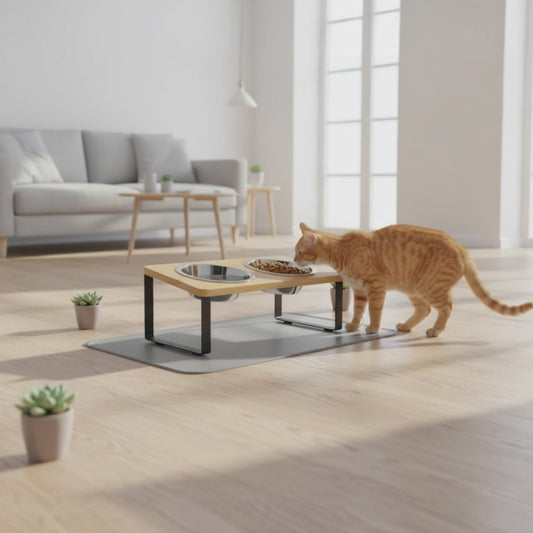Kat eet uit de verhoogde voerbak, video