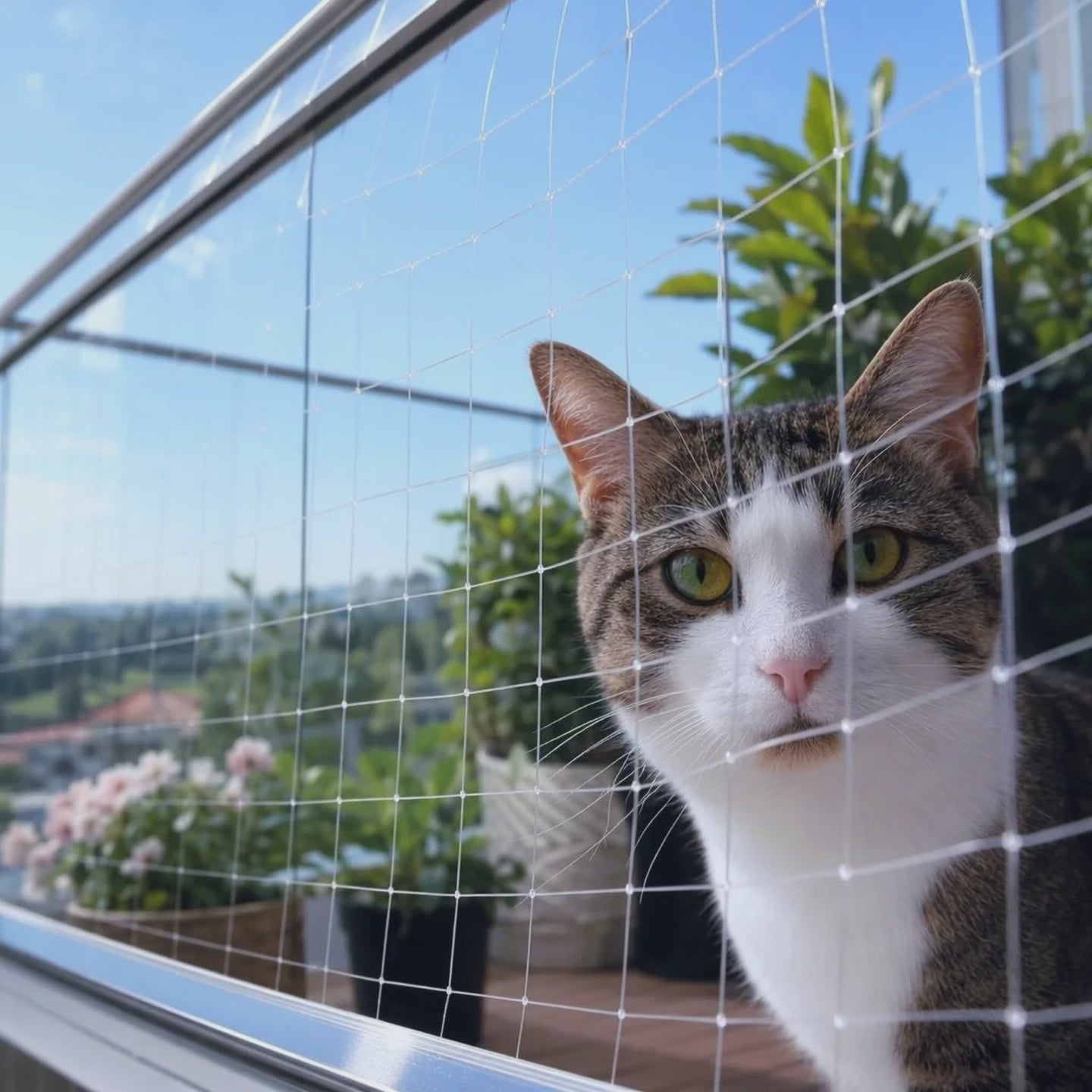 Kat achter het kattennet op het balkon, video