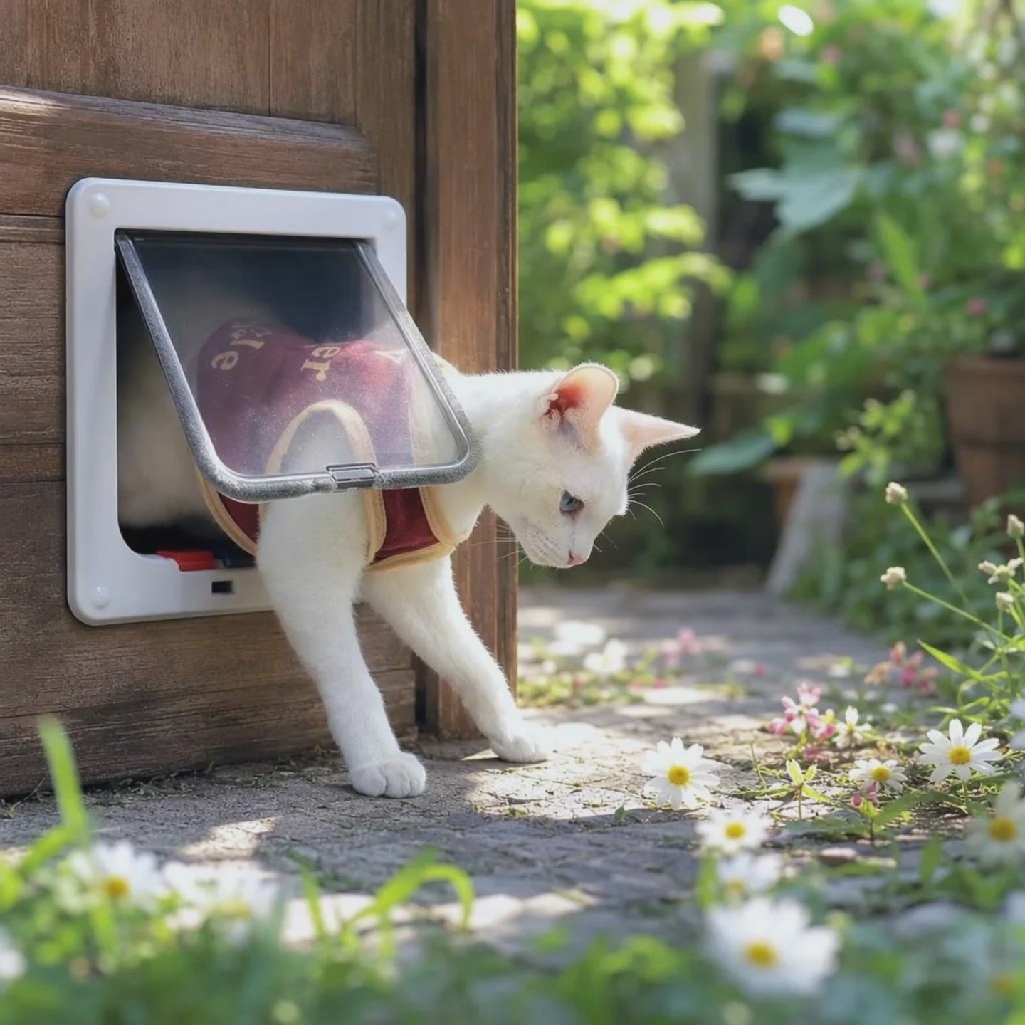 Video: witte kat loopt door het kattenluik naar de tuin