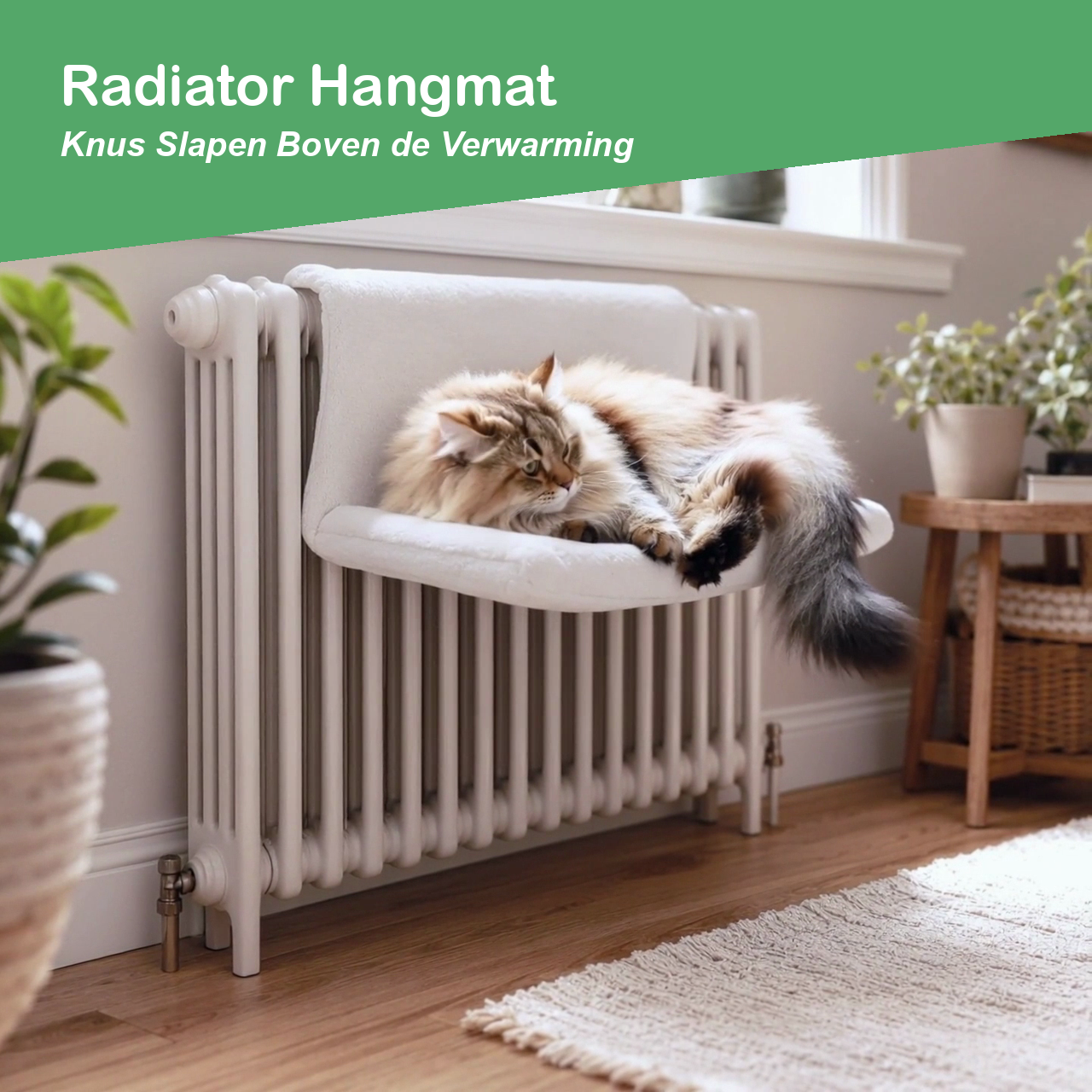 Radiator hangmat kat met warme mand boven de verwarming